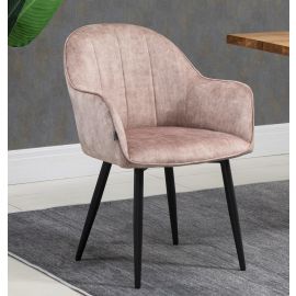 2 X Pale Pink Fabric Linen Upholstered Dining Chairs Black Metal Legs