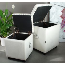 Set of 2 Cubix Beige Fabric Storage Ottoman Tufted Foot Stool Studs and Rings
