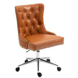 PU Leather Fabric Upholstered Tufted Home Office Chair with Studs-PU Brown