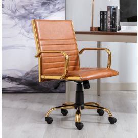 Tan PU Leather Upholstered Office Chair Home Office Chair Gold Base
